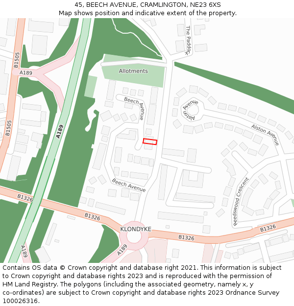 45, BEECH AVENUE, CRAMLINGTON, NE23 6XS: Location map and indicative extent of plot