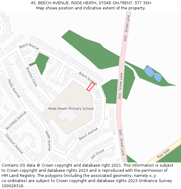 45, BEECH AVENUE, RODE HEATH, STOKE-ON-TRENT, ST7 3SH: Location map and indicative extent of plot