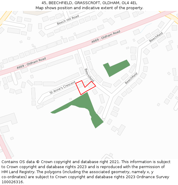 45, BEECHFIELD, GRASSCROFT, OLDHAM, OL4 4EL: Location map and indicative extent of plot