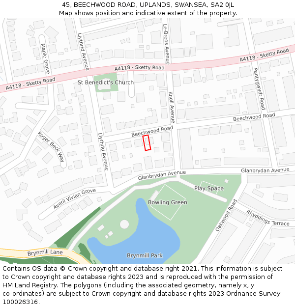 45, BEECHWOOD ROAD, UPLANDS, SWANSEA, SA2 0JL: Location map and indicative extent of plot