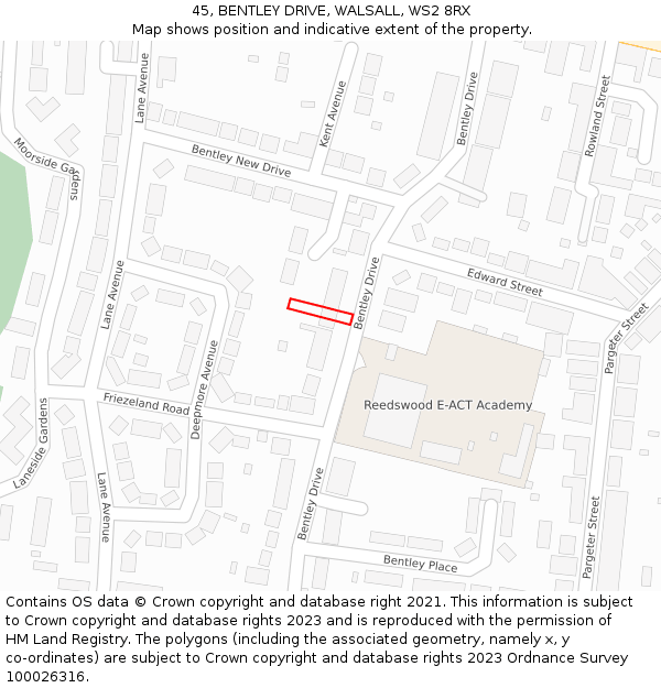 45, BENTLEY DRIVE, WALSALL, WS2 8RX: Location map and indicative extent of plot