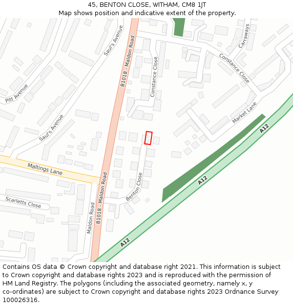 45, BENTON CLOSE, WITHAM, CM8 1JT: Location map and indicative extent of plot