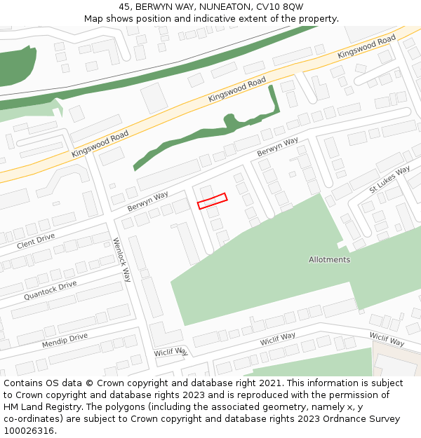 45, BERWYN WAY, NUNEATON, CV10 8QW: Location map and indicative extent of plot