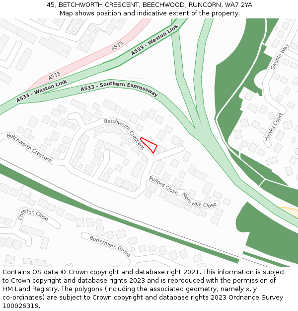 45, BETCHWORTH CRESCENT, BEECHWOOD, RUNCORN, WA7 2YA: Location map and indicative extent of plot