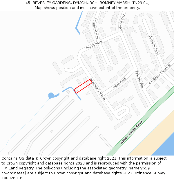 45, BEVERLEY GARDENS, DYMCHURCH, ROMNEY MARSH, TN29 0UJ: Location map and indicative extent of plot