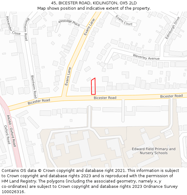 45, BICESTER ROAD, KIDLINGTON, OX5 2LD: Location map and indicative extent of plot