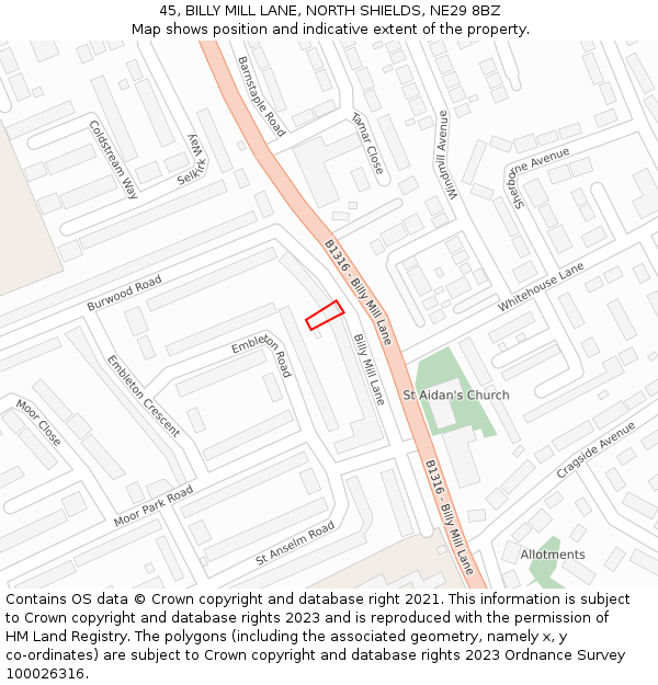 45, BILLY MILL LANE, NORTH SHIELDS, NE29 8BZ: Location map and indicative extent of plot