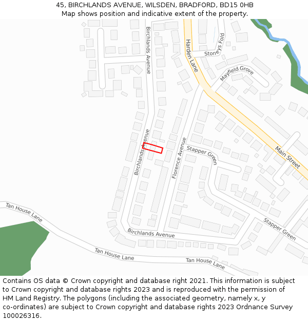 45, BIRCHLANDS AVENUE, WILSDEN, BRADFORD, BD15 0HB: Location map and indicative extent of plot