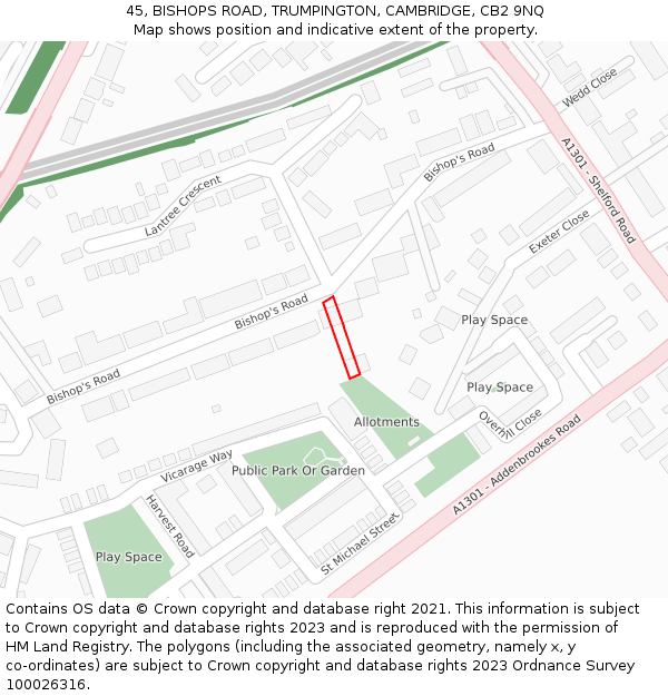 45, BISHOPS ROAD, TRUMPINGTON, CAMBRIDGE, CB2 9NQ: Location map and indicative extent of plot