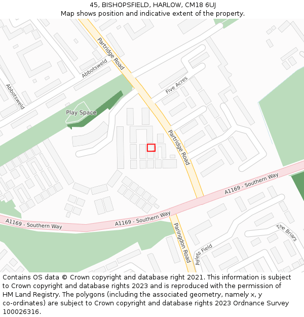 45, BISHOPSFIELD, HARLOW, CM18 6UJ: Location map and indicative extent of plot