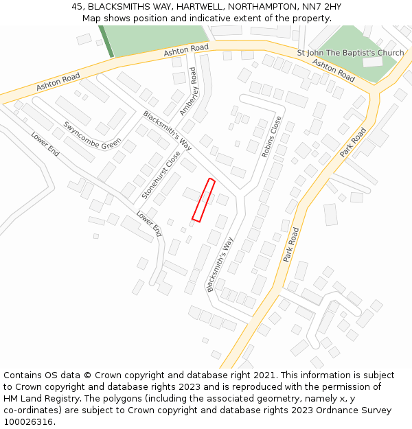 45, BLACKSMITHS WAY, HARTWELL, NORTHAMPTON, NN7 2HY: Location map and indicative extent of plot