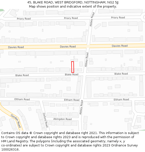 45, BLAKE ROAD, WEST BRIDGFORD, NOTTINGHAM, NG2 5JJ: Location map and indicative extent of plot