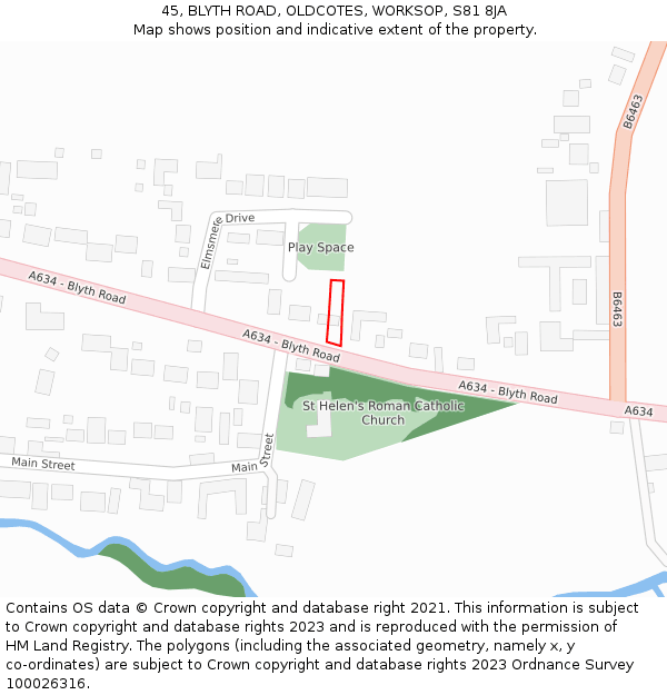 45, BLYTH ROAD, OLDCOTES, WORKSOP, S81 8JA: Location map and indicative extent of plot