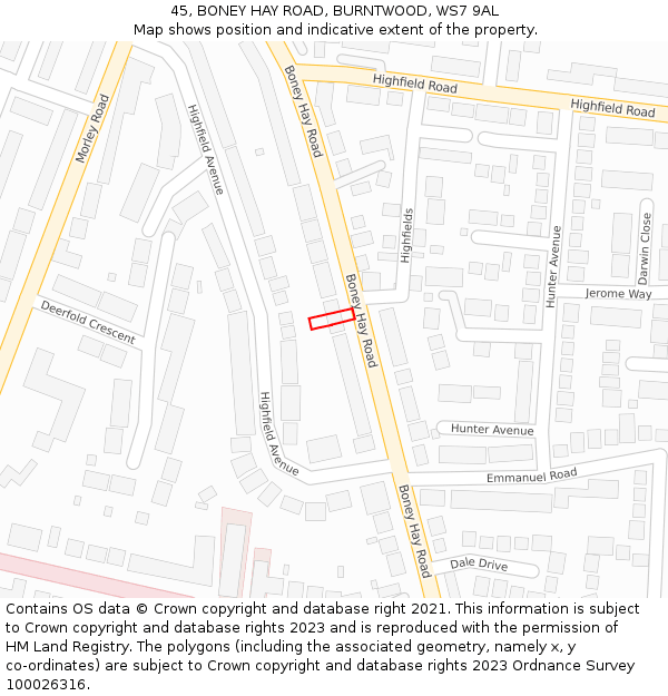 45, BONEY HAY ROAD, BURNTWOOD, WS7 9AL: Location map and indicative extent of plot