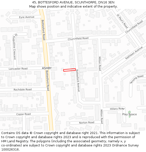 45, BOTTESFORD AVENUE, SCUNTHORPE, DN16 3EN: Location map and indicative extent of plot