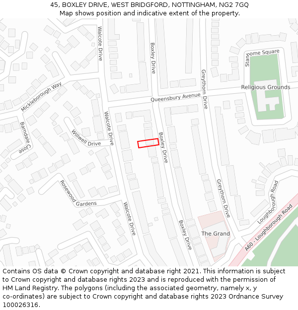 45, BOXLEY DRIVE, WEST BRIDGFORD, NOTTINGHAM, NG2 7GQ: Location map and indicative extent of plot