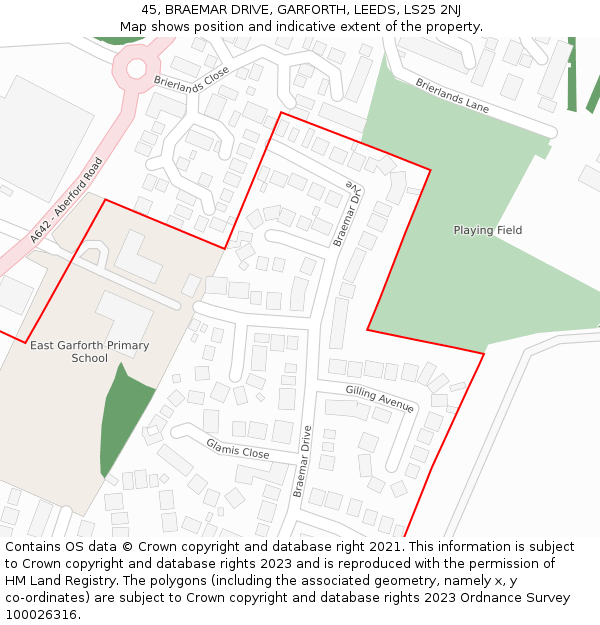 45, BRAEMAR DRIVE, GARFORTH, LEEDS, LS25 2NJ: Location map and indicative extent of plot