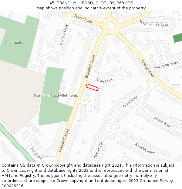 45, BRANDHALL ROAD, OLDBURY, B68 8DS: Location map and indicative extent of plot