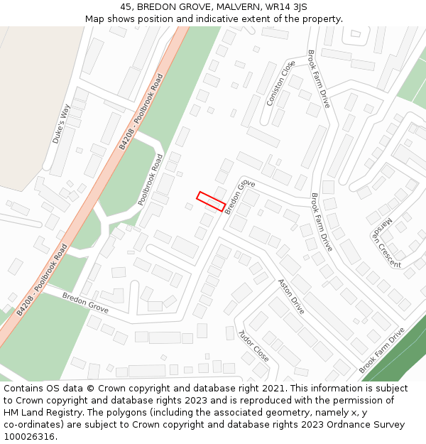 45, BREDON GROVE, MALVERN, WR14 3JS: Location map and indicative extent of plot
