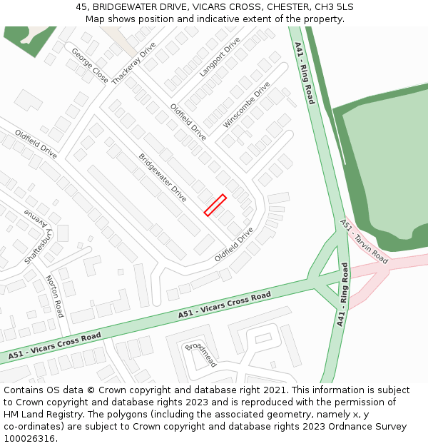 45, BRIDGEWATER DRIVE, VICARS CROSS, CHESTER, CH3 5LS: Location map and indicative extent of plot
