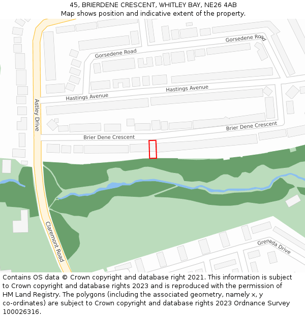 45, BRIERDENE CRESCENT, WHITLEY BAY, NE26 4AB: Location map and indicative extent of plot