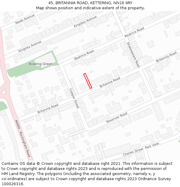 45, BRITANNIA ROAD, KETTERING, NN16 9RY: Location map and indicative extent of plot