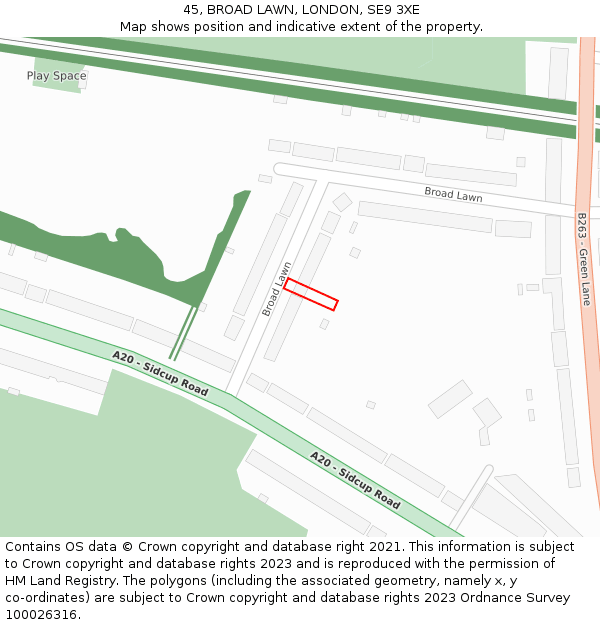 45, BROAD LAWN, LONDON, SE9 3XE: Location map and indicative extent of plot