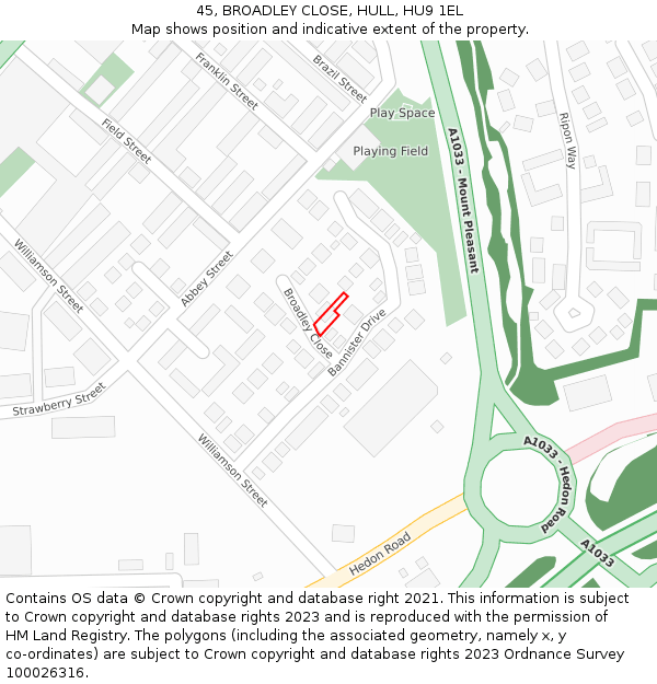 45, BROADLEY CLOSE, HULL, HU9 1EL: Location map and indicative extent of plot