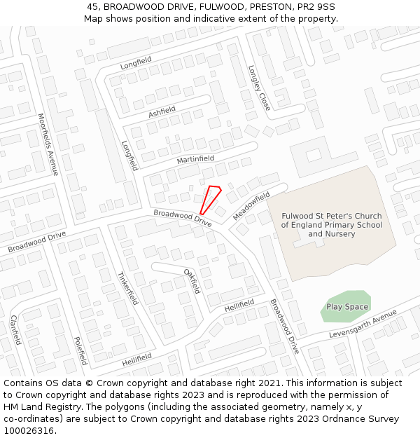 45, BROADWOOD DRIVE, FULWOOD, PRESTON, PR2 9SS: Location map and indicative extent of plot