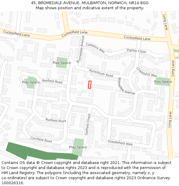 45, BROMEDALE AVENUE, MULBARTON, NORWICH, NR14 8GG: Location map and indicative extent of plot