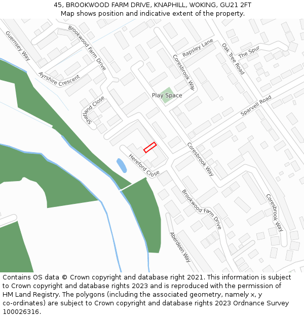 45, BROOKWOOD FARM DRIVE, KNAPHILL, WOKING, GU21 2FT: Location map and indicative extent of plot