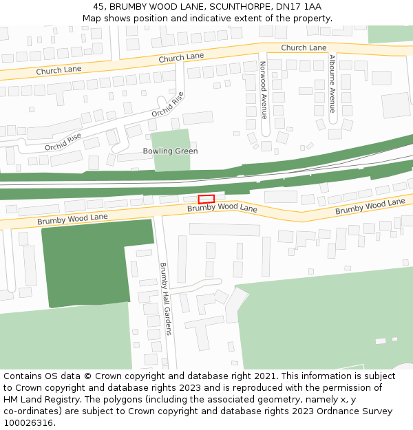 45, BRUMBY WOOD LANE, SCUNTHORPE, DN17 1AA: Location map and indicative extent of plot