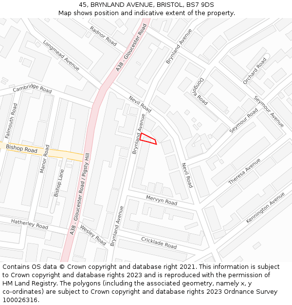 45, BRYNLAND AVENUE, BRISTOL, BS7 9DS: Location map and indicative extent of plot