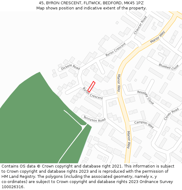 45, BYRON CRESCENT, FLITWICK, BEDFORD, MK45 1PZ: Location map and indicative extent of plot