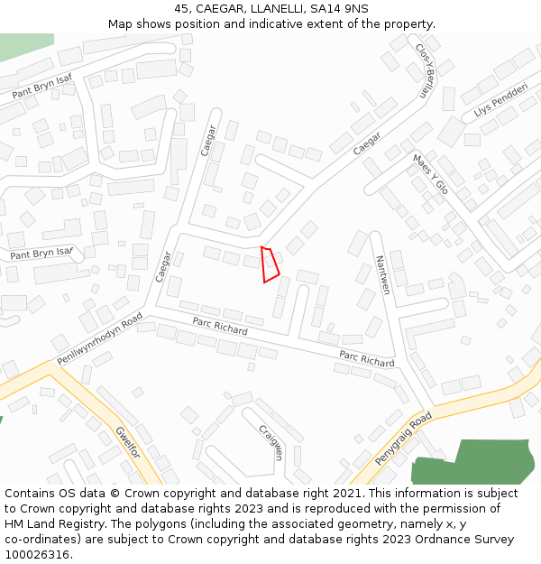 45, CAEGAR, LLANELLI, SA14 9NS: Location map and indicative extent of plot