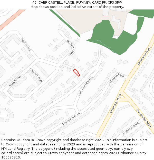 45, CAER CASTELL PLACE, RUMNEY, CARDIFF, CF3 3PW: Location map and indicative extent of plot