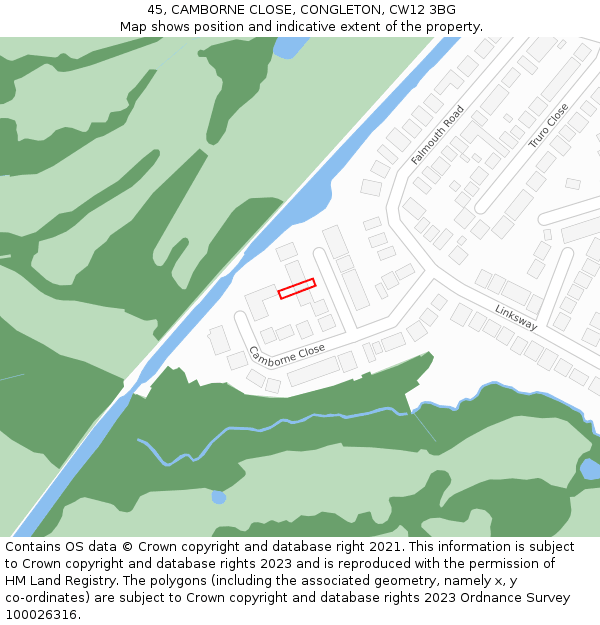 45, CAMBORNE CLOSE, CONGLETON, CW12 3BG: Location map and indicative extent of plot