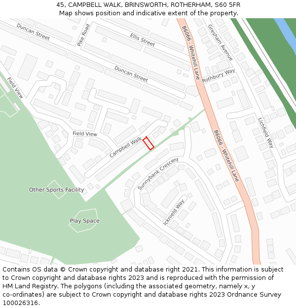 45, CAMPBELL WALK, BRINSWORTH, ROTHERHAM, S60 5FR: Location map and indicative extent of plot