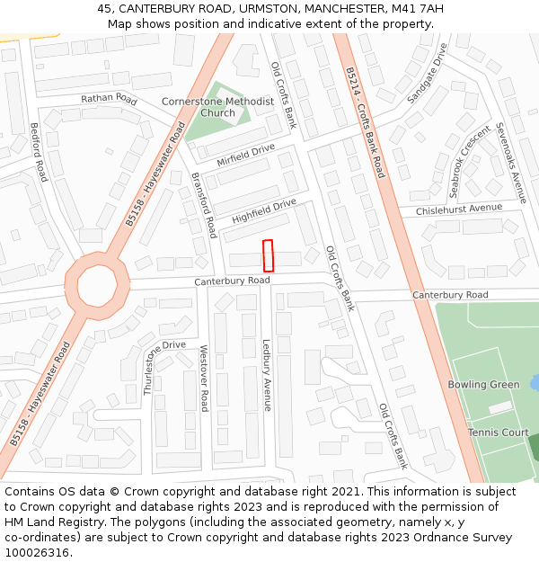 45, CANTERBURY ROAD, URMSTON, MANCHESTER, M41 7AH: Location map and indicative extent of plot