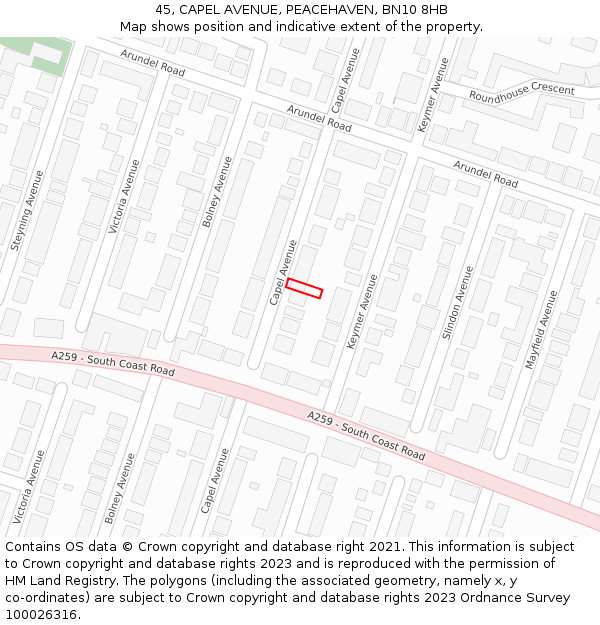 45, CAPEL AVENUE, PEACEHAVEN, BN10 8HB: Location map and indicative extent of plot