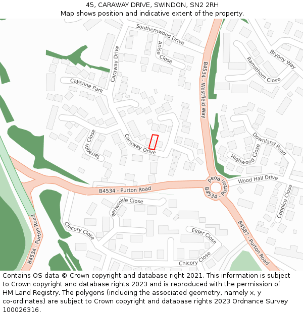 45, CARAWAY DRIVE, SWINDON, SN2 2RH: Location map and indicative extent of plot