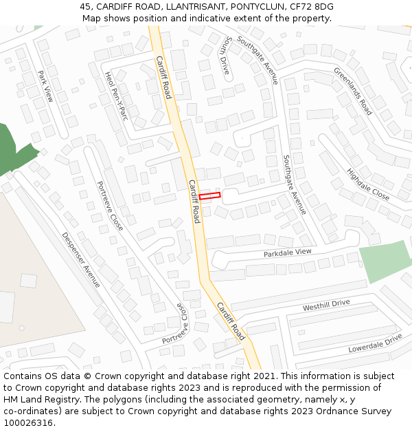 45, CARDIFF ROAD, LLANTRISANT, PONTYCLUN, CF72 8DG: Location map and indicative extent of plot