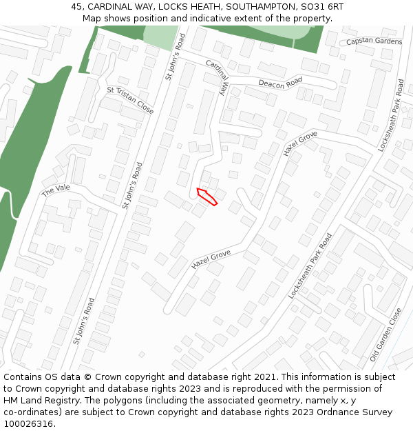 45, CARDINAL WAY, LOCKS HEATH, SOUTHAMPTON, SO31 6RT: Location map and indicative extent of plot