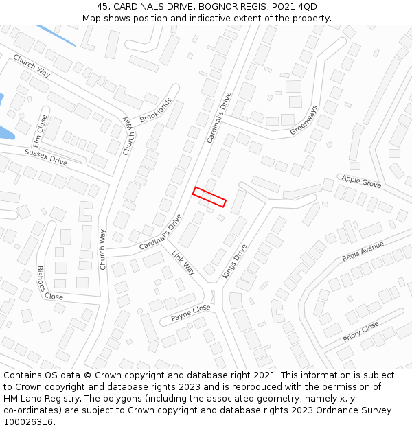 45, CARDINALS DRIVE, BOGNOR REGIS, PO21 4QD: Location map and indicative extent of plot