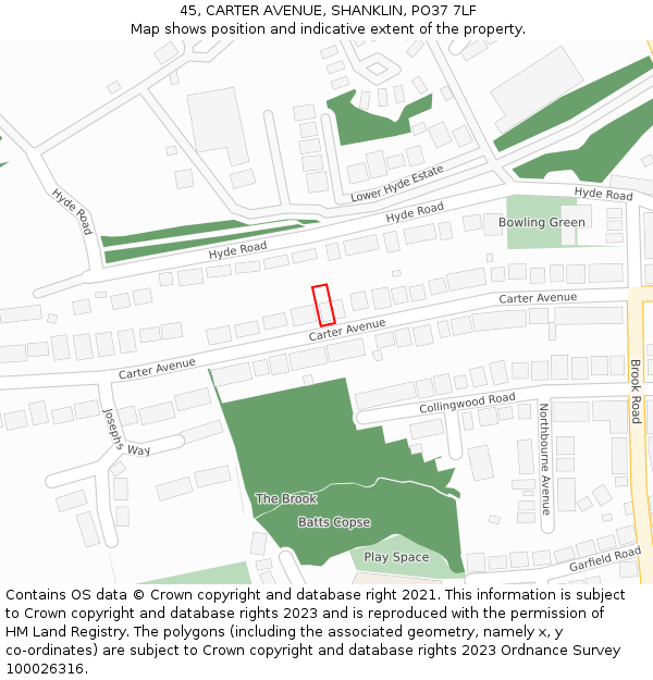 45, CARTER AVENUE, SHANKLIN, PO37 7LF: Location map and indicative extent of plot