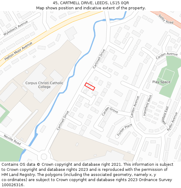 45, CARTMELL DRIVE, LEEDS, LS15 0QR: Location map and indicative extent of plot