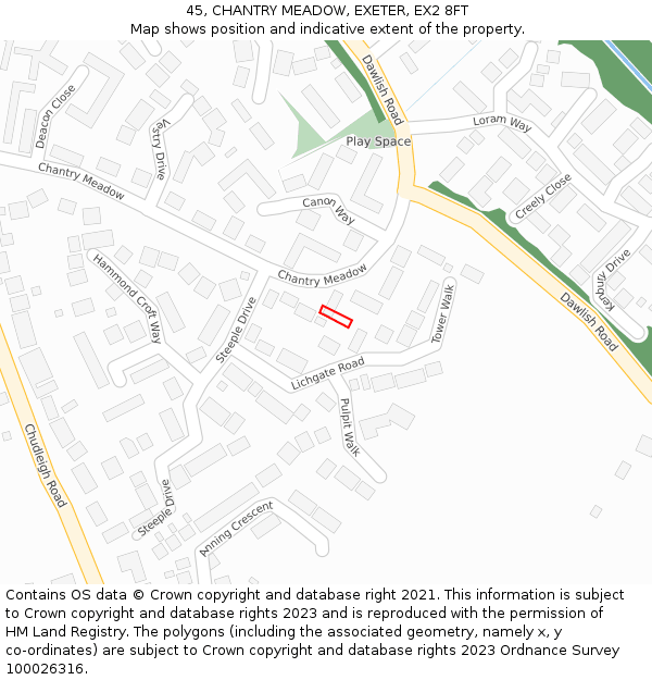 45, CHANTRY MEADOW, EXETER, EX2 8FT: Location map and indicative extent of plot