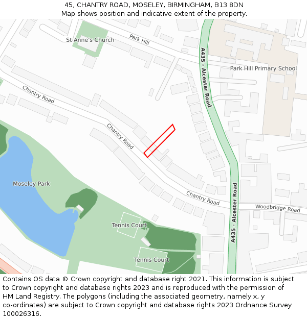 45, CHANTRY ROAD, MOSELEY, BIRMINGHAM, B13 8DN: Location map and indicative extent of plot