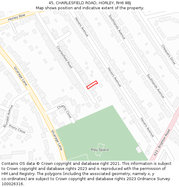 45, CHARLESFIELD ROAD, HORLEY, RH6 8BJ: Location map and indicative extent of plot