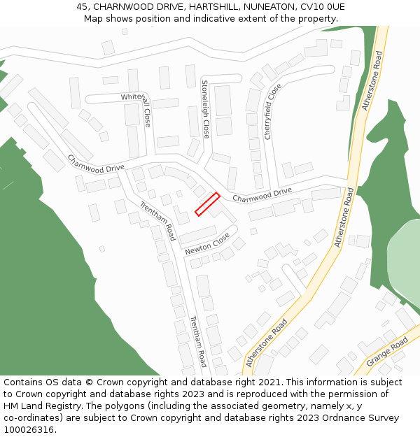 45, CHARNWOOD DRIVE, HARTSHILL, NUNEATON, CV10 0UE: Location map and indicative extent of plot